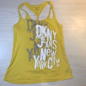 DKNY bright yellow graphic tank top, cross-back